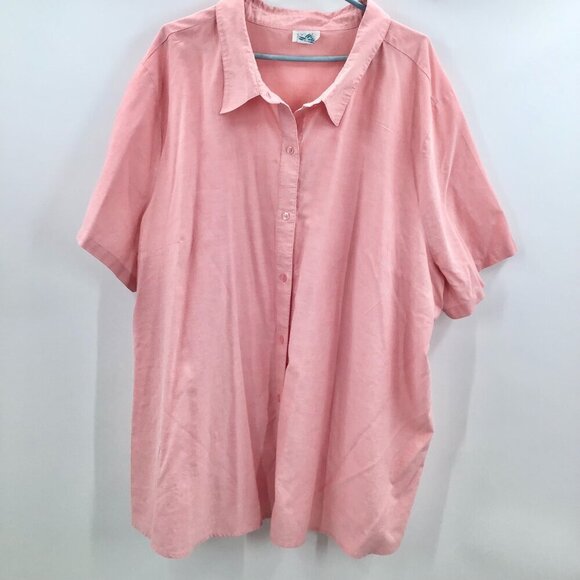 Only Necessities Tops - Women's 4X Button Down Shirt Pink Oxford Cotton Blend Short Sleeve Straight Hem